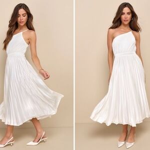 LULU's Elegant Bridal Shower Reception Elopement White Flowy Wedding Midi Dress